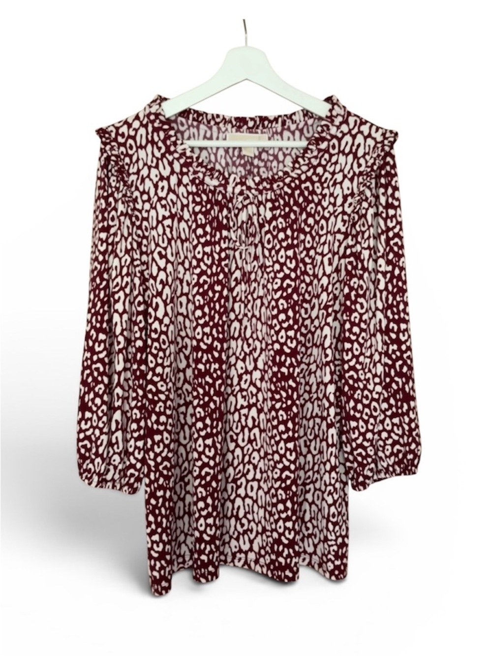 Michael Kors Burgundy and Cream Leopard-Print Ruffle Tunic